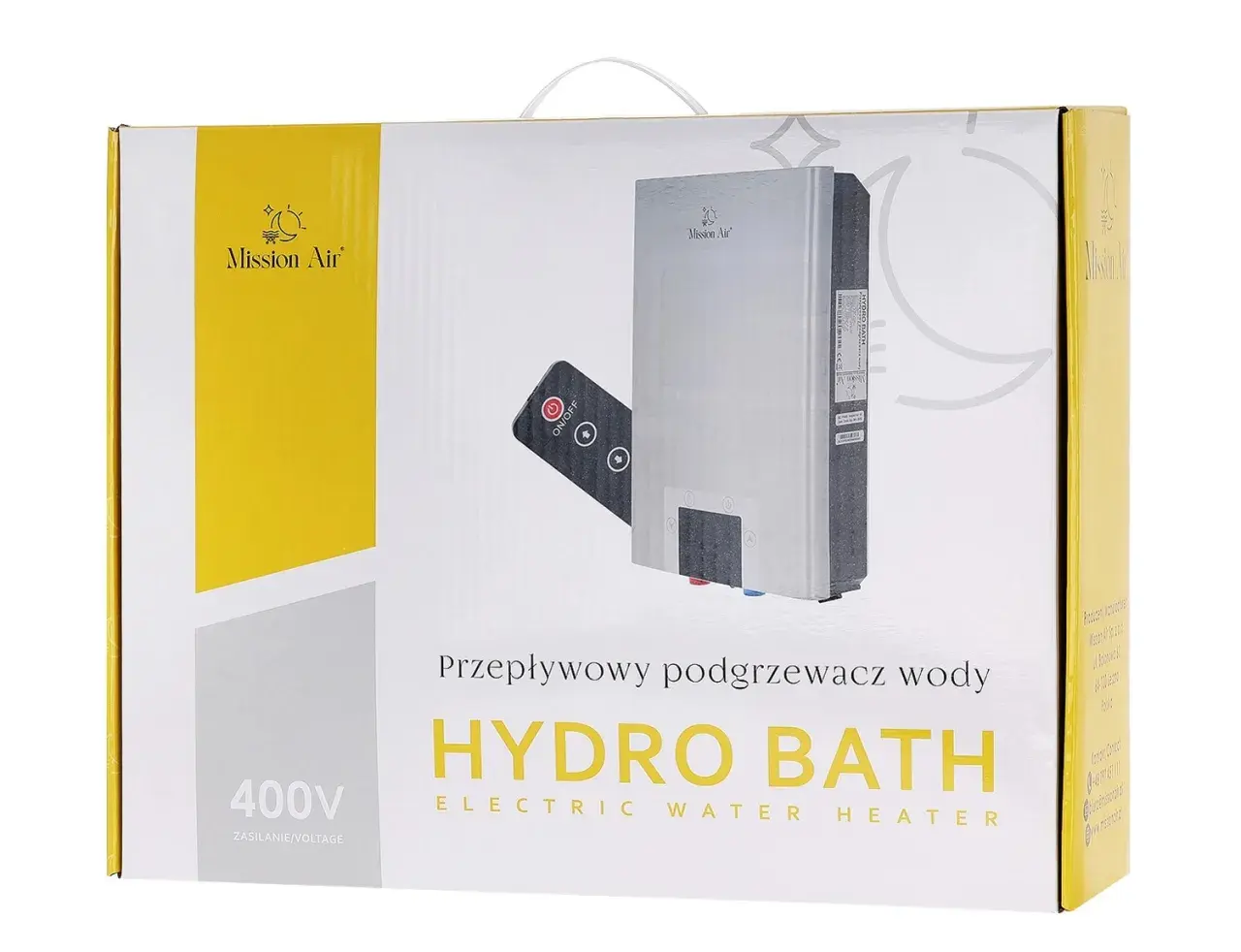 Opakowanie przepływowego podgrzewacza wody 18kW Hydro Bath marki Mission Air. W zestawie pilot zdalnego sterowania.