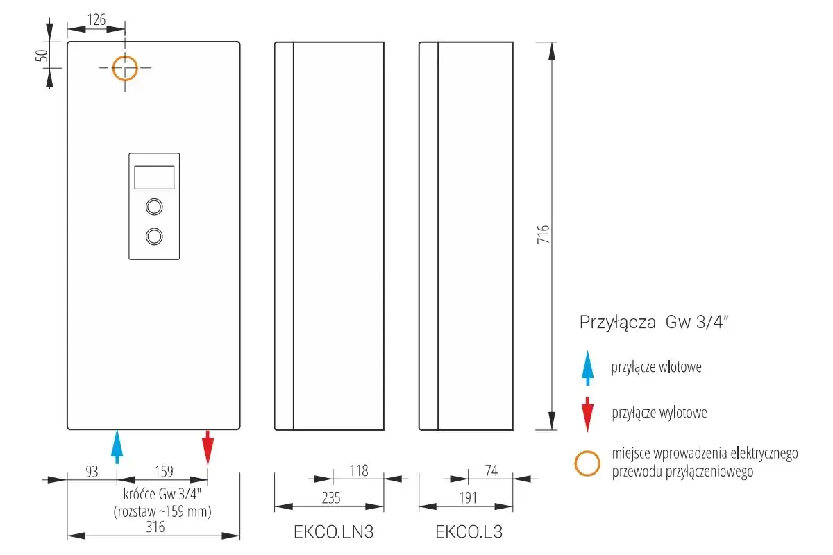 Rysunek techniczny pieca elektrycznego CO. Wymiary, przyłącza wody i miejsce wprowadzenia przewodu elektrycznego.